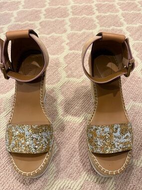 See By Chloe Tan Wedge Sandals with Gold & Silver Glitter Toe Strap